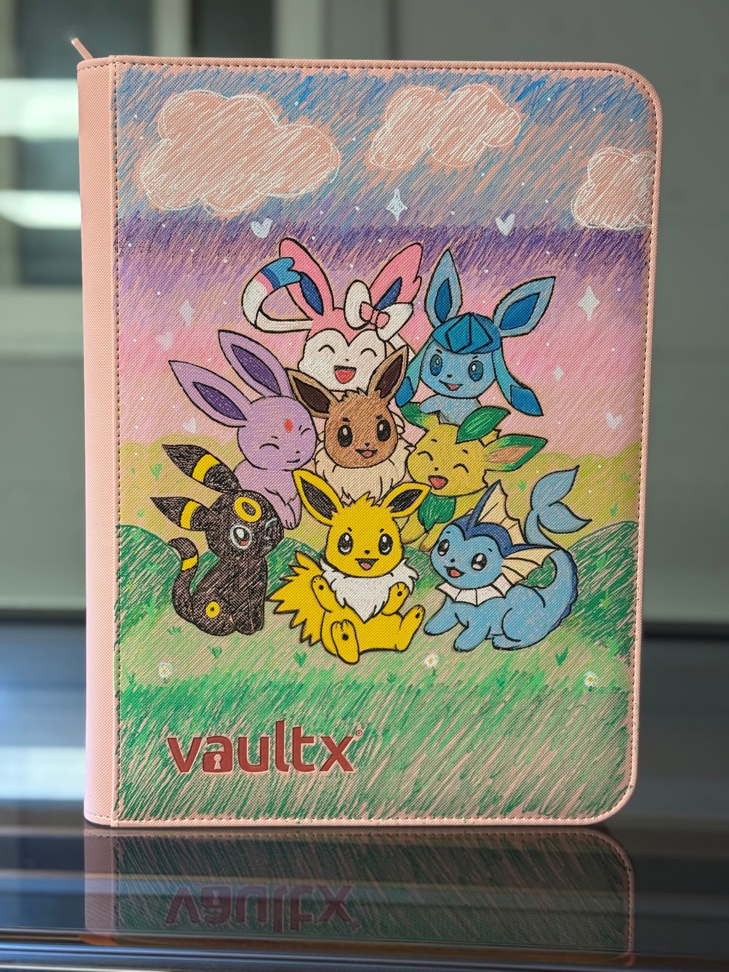 Hand-Drawn Eevee Evolution Vault X Binder – 9-Pocket Pink Trading Card Album