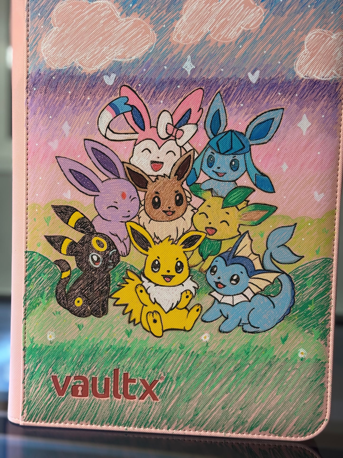 Hand-Drawn Eevee Evolution Vault X Binder – 9-Pocket Pink Trading Card Album
