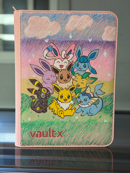 Hand-Drawn Eevee Evolution Vault X Binder – 9-Pocket Pink Trading Card Album